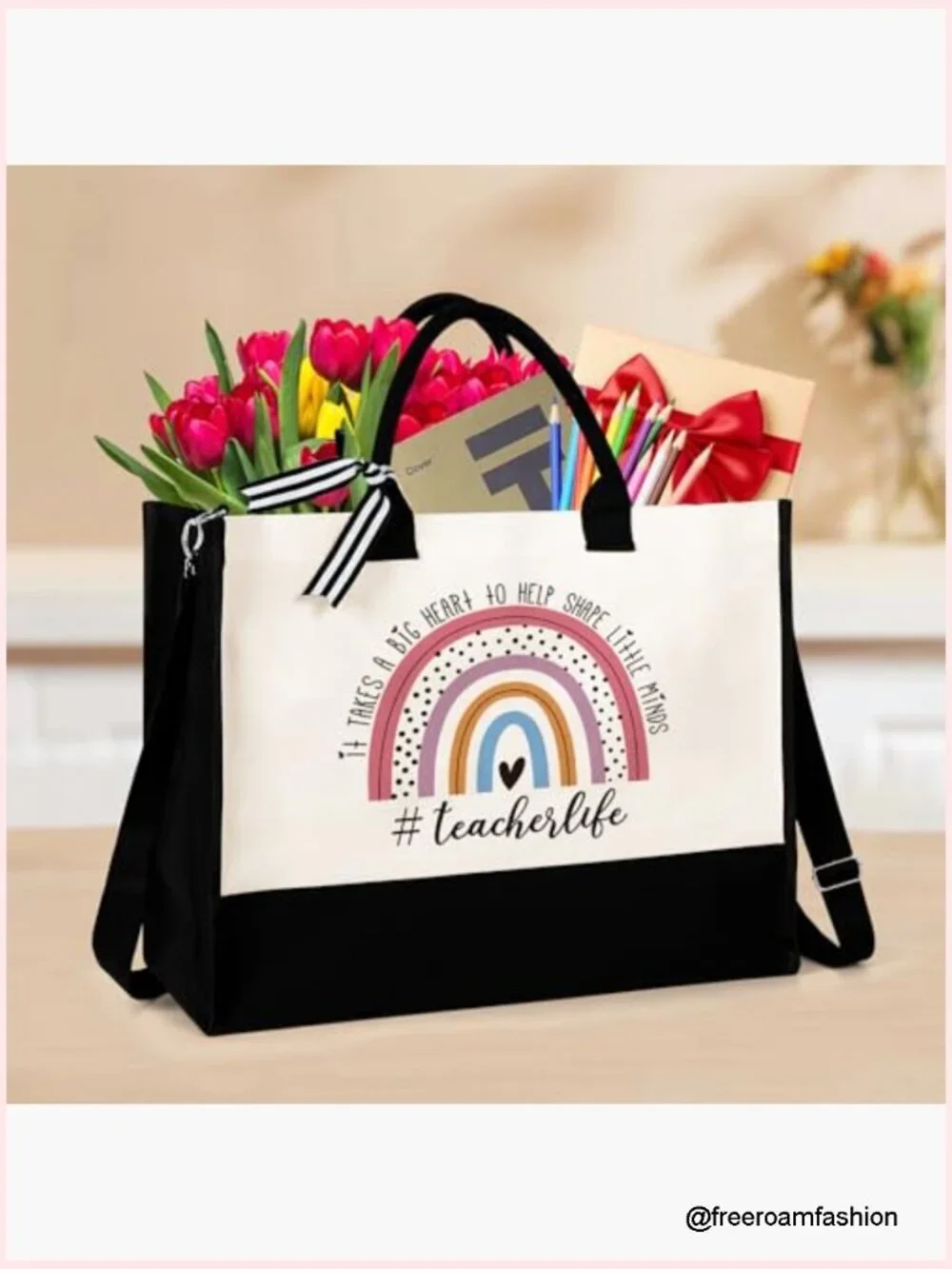 Large Canvas Tote Bag with Zipper Pocket Adjustable Strap Teacher Gift